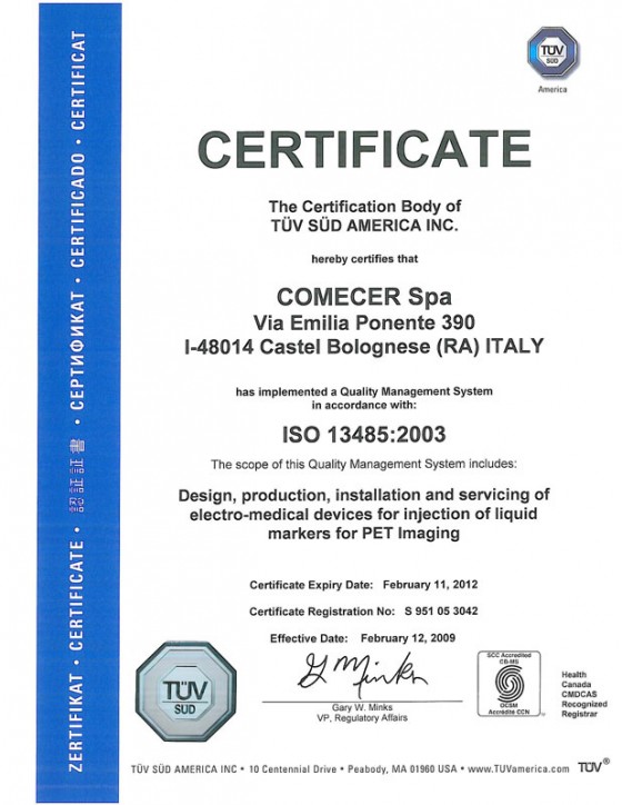 Comecer TUV Certificate  ISO 13485 TUV America